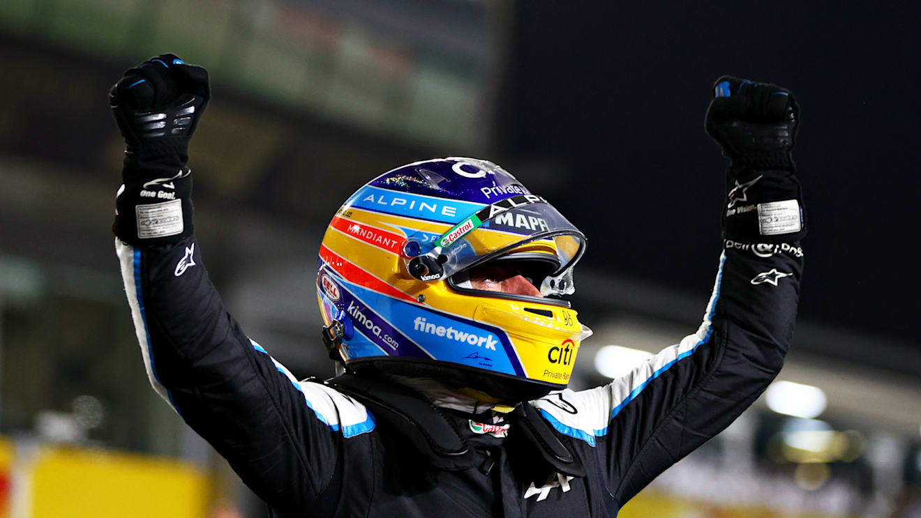 DOHA, QATAR - NOVEMBER 21: Third placed Fernando Alonso of Spain and Alpine F1 Team celebrates in parc ferme during the F1 Grand Prix of Qatar at Losail International Circuit on November 21, 2021 in Doha, Qatar. (Photo by Dan Istitene - Formula 1/Formula 1 via Getty Images)