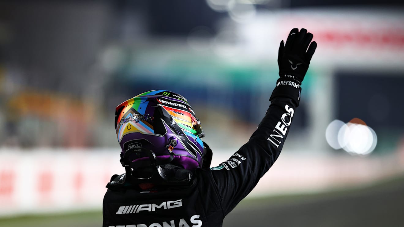 DOHA, QATAR - NOVEMBER 21: Race winner Lewis Hamilton of Great Britain and Mercedes GP celebrates in parc ferme during the F1 Grand Prix of Qatar at Losail International Circuit on November 21, 2021 in Doha, Qatar. (Photo by Dan Istitene - Formula 1/Formula 1 via Getty Images)