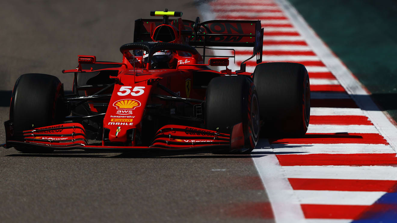 SOCHI, RUSSIA - SEPTEMBER 24: Carlos Sainz of Spain driving the (55) Scuderia Ferrari SF21 during practice ahead of the F1 Grand Prix of Russia at Sochi Autodrom on September 24, 2021 in Sochi, Russia. (Photo by Bryn Lennon/Getty Images)