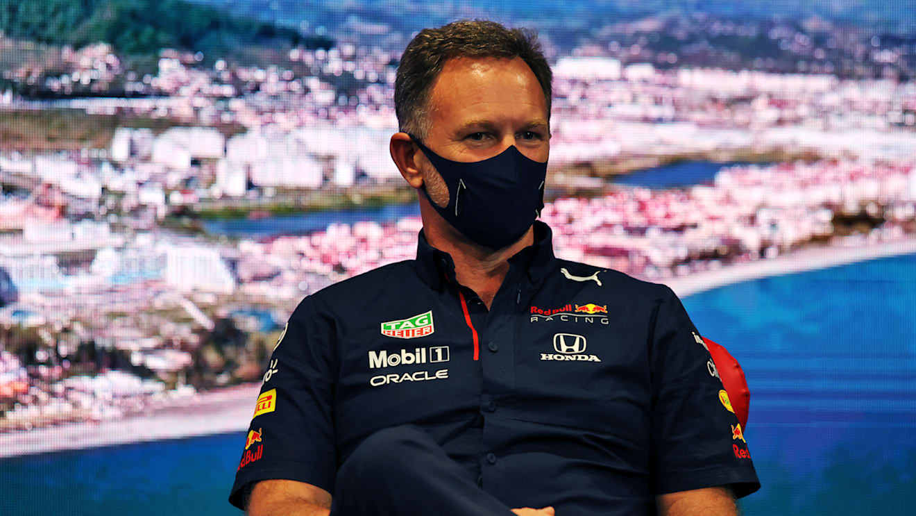 SOCHI, RUSSIA - SEPTEMBER 24: Red Bull Racing Team Principal Christian Horner talks in the Team Principals Press Conference during practice ahead of the F1 Grand Prix of Russia at Sochi Autodrom on September 24, 2021 in Sochi, Russia. (Photo by XPB - Pool/Getty Images)