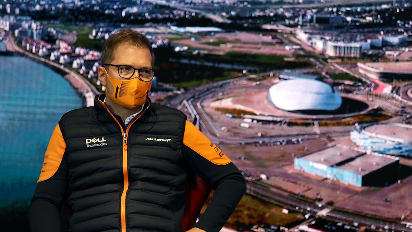 SOCHI, RUSSIA - SEPTEMBER 24: McLaren Team Principal Andreas Seidl talks in the Team Principals Press Conference during practice ahead of the F1 Grand Prix of Russia at Sochi Autodrom on September 24, 2021 in Sochi, Russia. (Photo by XPB - Pool/Getty Images)