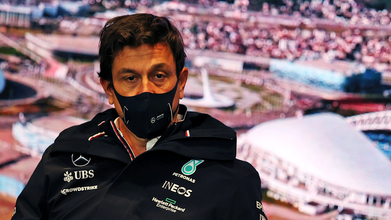 SOCHI, RUSSIA - SEPTEMBER 24: Mercedes GP Executive Director Toto Wolff talks in the Team Principals Press Conference during practice ahead of the F1 Grand Prix of Russia at Sochi Autodrom on September 24, 2021 in Sochi, Russia. (Photo by XPB - Pool/Getty Images)