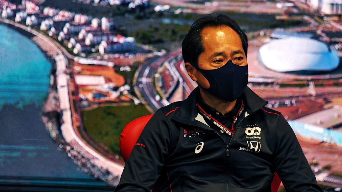 SOCHI, RUSSIA - SEPTEMBER 24: Toyoharu Tanabe of Honda talks in the Team Principals Press Conference during practice ahead of the F1 Grand Prix of Russia at Sochi Autodrom on September 24, 2021 in Sochi, Russia. (Photo by XPB - Pool/Getty Images)