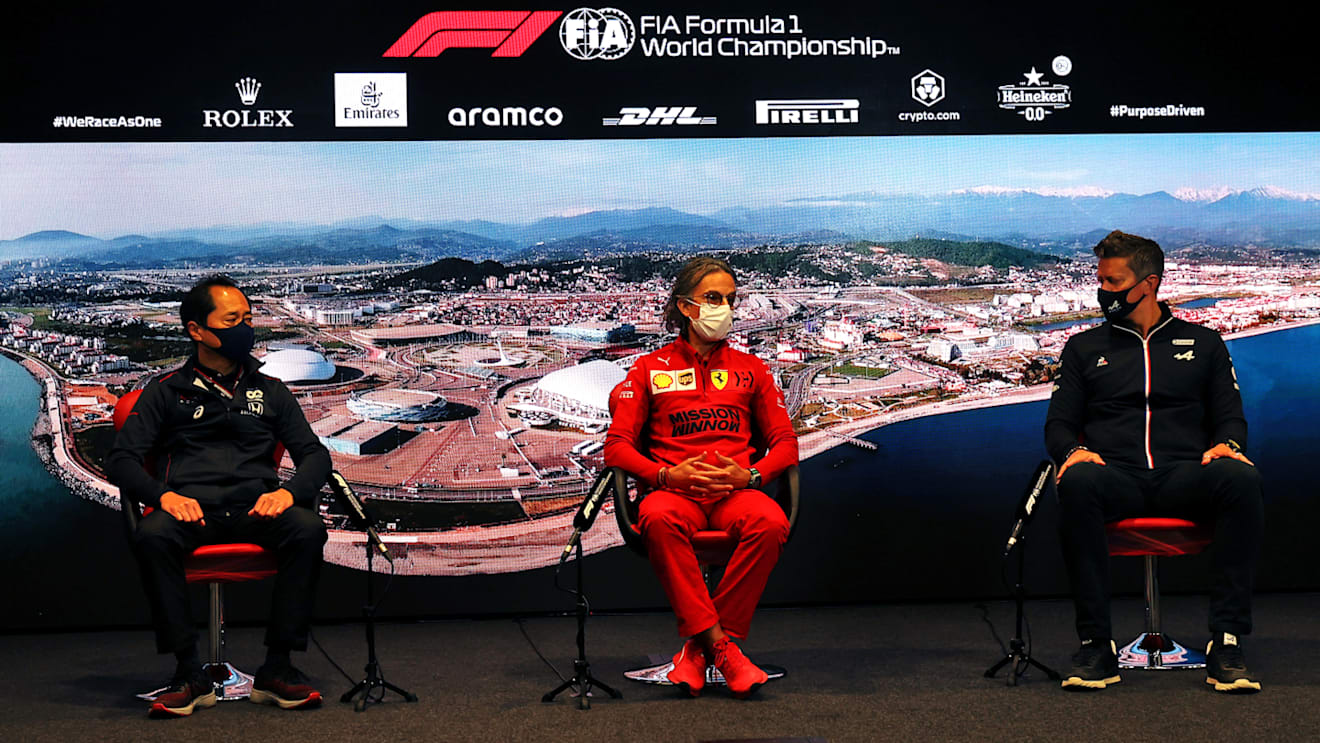 SOCHI, RUSSIA - SEPTEMBER 24: Toyoharu Tanabe of Honda, Laurent Mekies, Scuderia Ferrari Sporting Director and Marcin Budkowski, Executive Director of Alpine F1 Team talk in the Team Principals Press Conference during practice ahead of the F1 Grand Prix of Russia at Sochi Autodrom on September 24, 2021 in Sochi, Russia. (Photo by XPB - Pool/Getty Images)