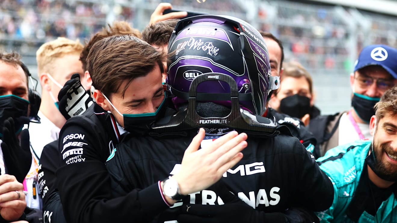 SOCHI, RUSSIA - SEPTEMBER 26: Race winner Lewis Hamilton of Great Britain and Mercedes GP celebrates in parc ferme during the F1 Grand Prix of Russia at Sochi Autodrom on September 26, 2021 in Sochi, Russia. (Photo by Dan Istitene - Formula 1/Formula 1 via Getty Images)