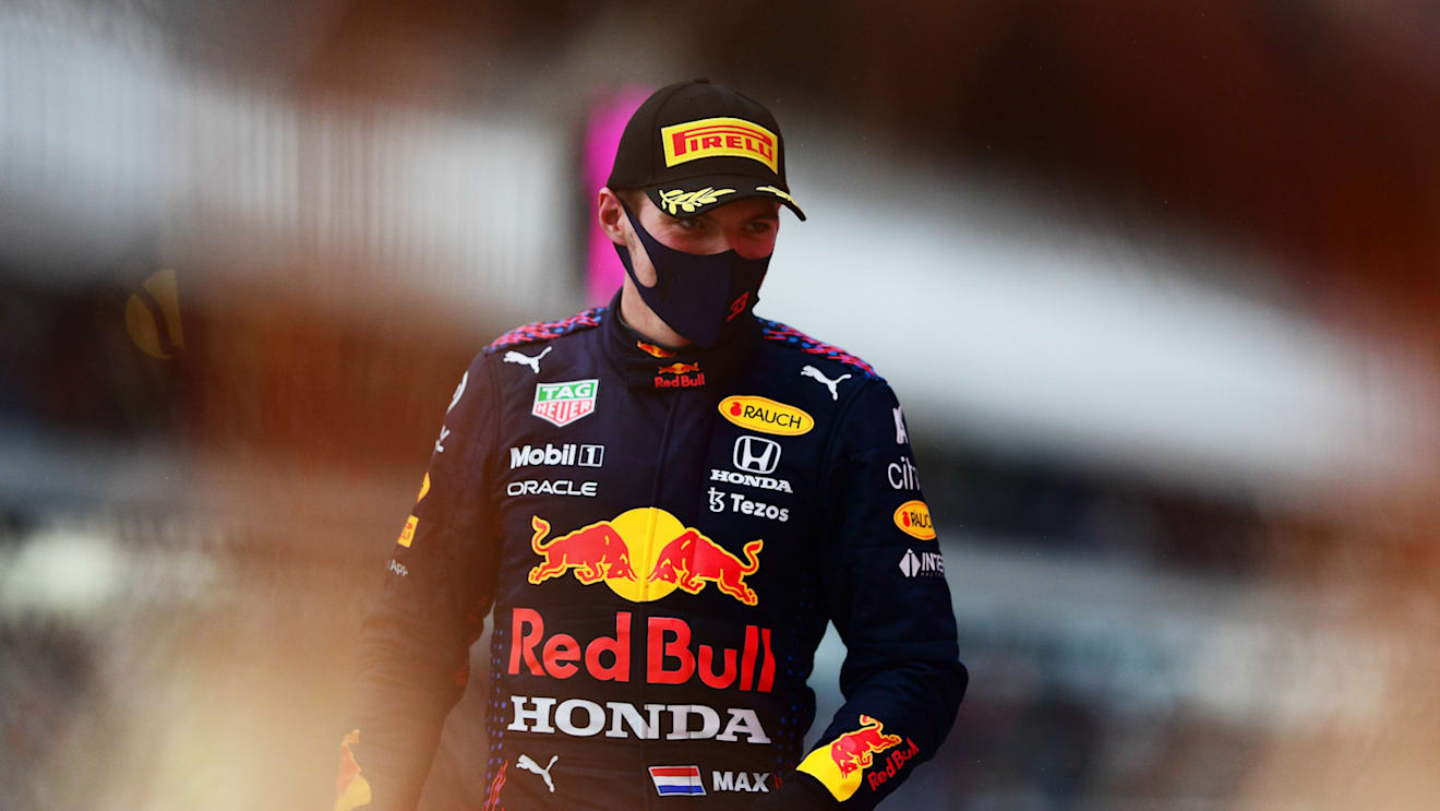 SOCHI, RUSSIA - SEPTEMBER 26: Second placed Max Verstappen of Netherlands and Red Bull Racing celebrates on the podium during the F1 Grand Prix of Russia at Sochi Autodrom on September 26, 2021 in Sochi, Russia. (Photo by Mario Renzi - Formula 1/Formula 1 via Getty Images)