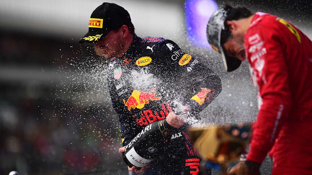SOCHI, RUSSIA - SEPTEMBER 26: Second placed Max Verstappen of Netherlands and Red Bull Racing celebrates on the podium during the F1 Grand Prix of Russia at Sochi Autodrom on September 26, 2021 in Sochi, Russia. (Photo by Mario Renzi - Formula 1/Formula 1 via Getty Images)