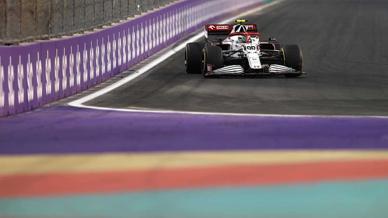 JEDDAH, SAUDI ARABIA - DECEMBER 03: Antonio Giovinazzi of Italy driving the (99) Alfa Romeo Racing C41 Ferrari during practice ahead of the F1 Grand Prix of Saudi Arabia at Jeddah Corniche Circuit on December 03, 2021 in Jeddah, Saudi Arabia. (Photo by Bryn Lennon - Formula 1/Formula 1 via Getty Images)