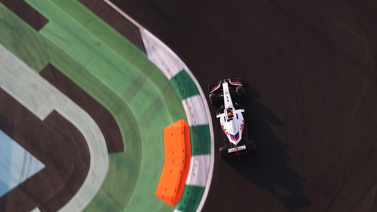 JEDDAH, SAUDI ARABIA - DECEMBER 03: Nikita Mazepin of Russia driving the (9) Haas F1 Team VF-21 Ferrari during practice ahead of the F1 Grand Prix of Saudi Arabia at Jeddah Corniche Circuit on December 03, 2021 in Jeddah, Saudi Arabia. (Photo by Lars Baron/Getty Images)