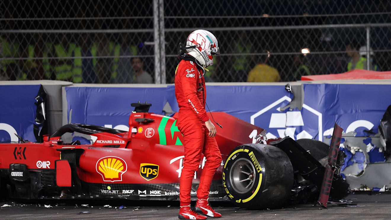 JEDDAH, SAUDI ARABIA - DECEMBER 03: Charles Leclerc of Monaco and Ferrari looks at his car after crashing during practice ahead of the F1 Grand Prix of Saudi Arabia at Jeddah Corniche Circuit on December 03, 2021 in Jeddah, Saudi Arabia. (Photo by Lars Baron/Getty Images)
