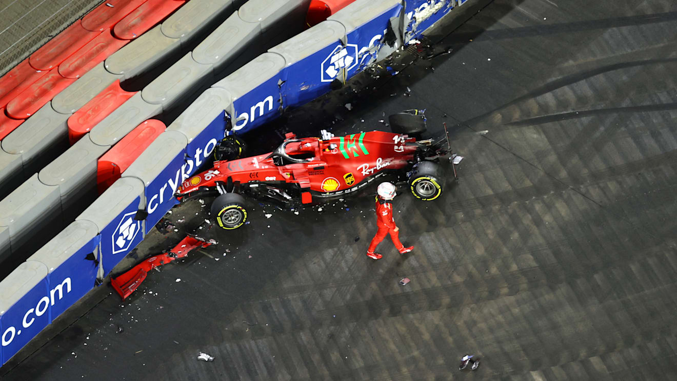 JEDDAH, SAUDI ARABIA - DECEMBER 03: Charles Leclerc of Monaco and Ferrari looks at his car after crashing during practice ahead of the F1 Grand Prix of Saudi Arabia at Jeddah Corniche Circuit on December 03, 2021 in Jeddah, Saudi Arabia. (Photo by Bryn Lennon - Formula 1/Formula 1 via Getty Images)