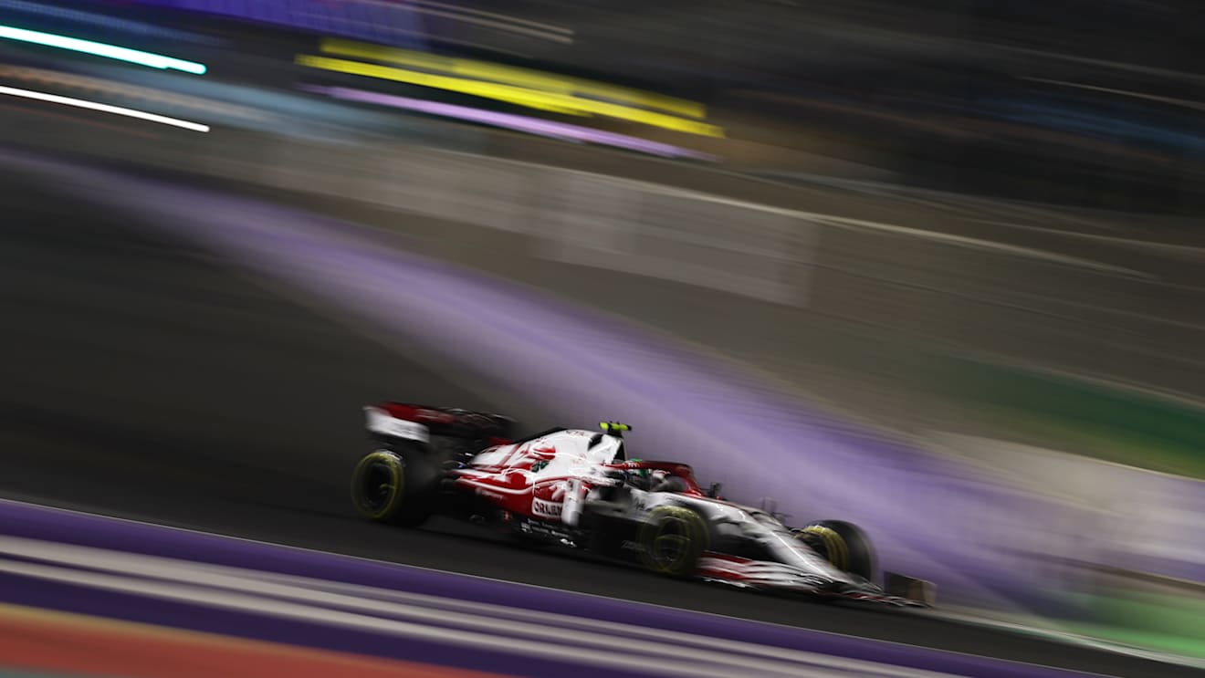 JEDDAH, SAUDI ARABIA - DECEMBER 04: Antonio Giovinazzi of Italy driving the (99) Alfa Romeo Racing C41 Ferrari during qualifying ahead of the F1 Grand Prix of Saudi Arabia at Jeddah Corniche Circuit on December 04, 2021 in Jeddah, Saudi Arabia. (Photo by Lars Baron/Getty Images)