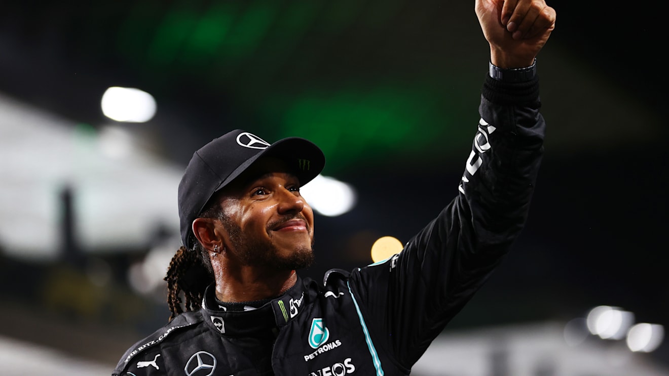 JEDDAH, SAUDI ARABIA - DECEMBER 04: Pole position qualifier Lewis Hamilton of Great Britain and Mercedes GP celebrates in parc ferme during qualifying ahead of the F1 Grand Prix of Saudi Arabia at Jeddah Corniche Circuit on December 04, 2021 in Jeddah, Saudi Arabia. (Photo by Bryn Lennon - Formula 1/Formula 1 via Getty Images)
