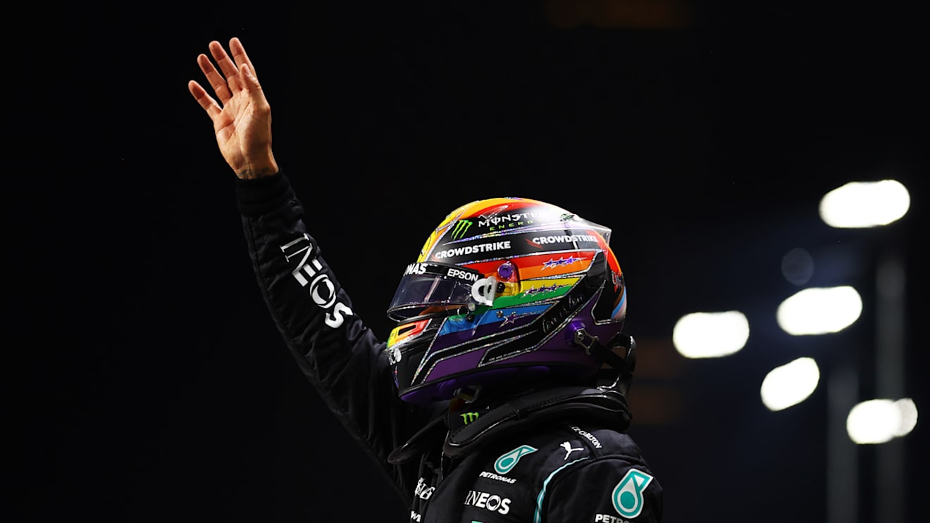 JEDDAH, SAUDI ARABIA - DECEMBER 04: Pole position qualifier Lewis Hamilton of Great Britain and Mercedes GP celebrates in parc ferme during qualifying ahead of the F1 Grand Prix of Saudi Arabia at Jeddah Corniche Circuit on December 04, 2021 in Jeddah, Saudi Arabia. (Photo by Bryn Lennon - Formula 1/Formula 1 via Getty Images)