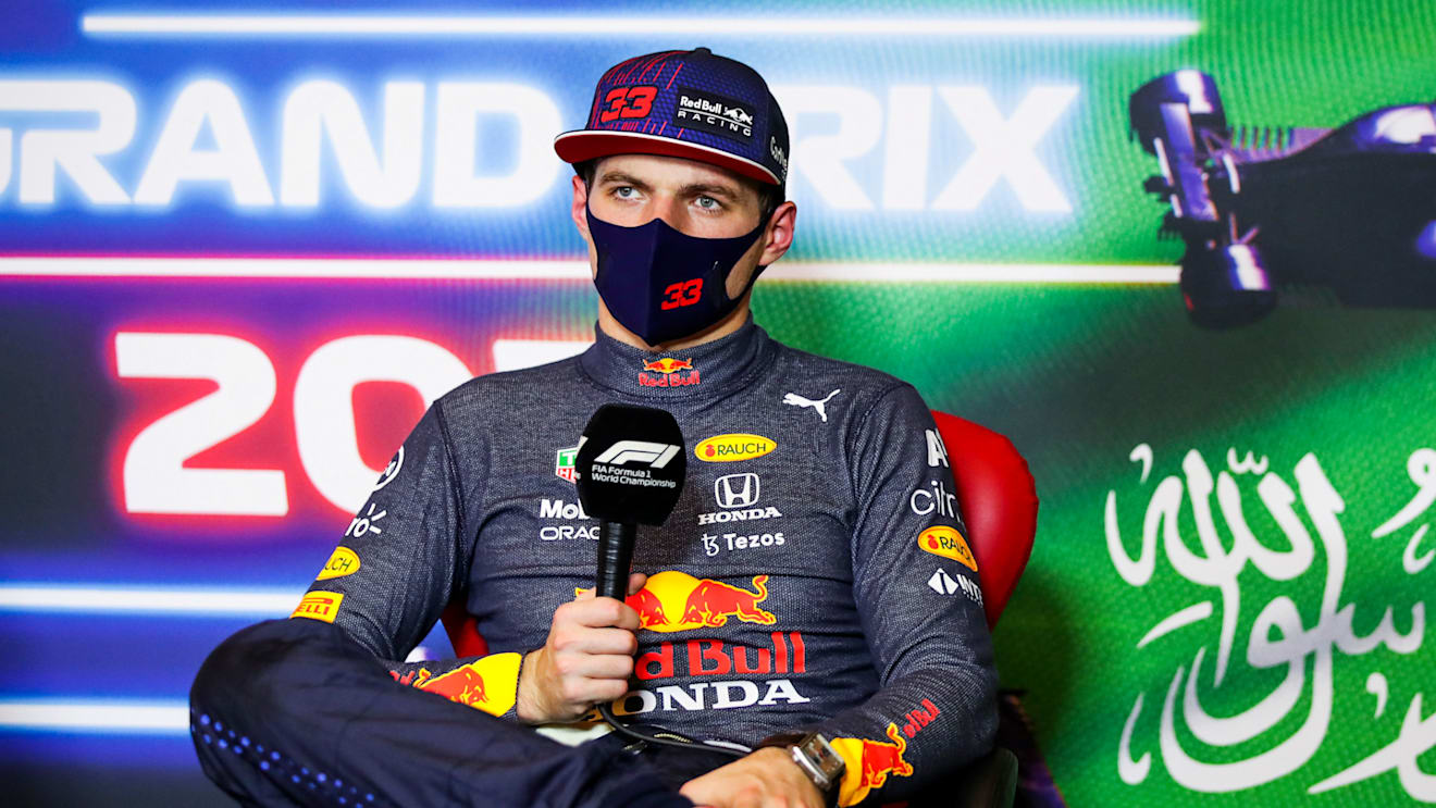 JEDDAH, SAUDI ARABIA - DECEMBER 04: Max Verstappen of Netherlands and Red Bull Racing talks in the press conference after qualifying ahead of the F1 Grand Prix of Saudi Arabia at Jeddah Corniche Circuit on December 04, 2021 in Jeddah, Saudi Arabia. (Photo by Florent Gooden - Pool/Getty Images)
