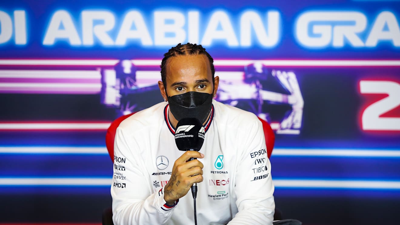 JEDDAH, SAUDI ARABIA - DECEMBER 04: Pole position qualifier Lewis Hamilton of Great Britain and Mercedes GP talks in the press conference after qualifying ahead of the F1 Grand Prix of Saudi Arabia at Jeddah Corniche Circuit on December 04, 2021 in Jeddah, Saudi Arabia. (Photo by Florent Gooden - Pool/Getty Images)