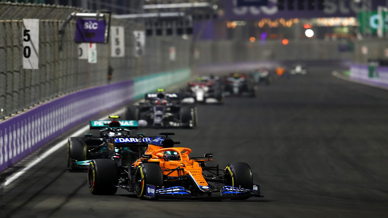 JEDDAH, SAUDI ARABIA - DECEMBER 05: Daniel Ricciardo of Australia driving the (3) McLaren F1 Team MCL35M Mercedes during the F1 Grand Prix of Saudi Arabia at Jeddah Corniche Circuit on December 05, 2021 in Jeddah, Saudi Arabia. (Photo by Joe Portlock - Formula 1/Formula 1 via Getty Images)