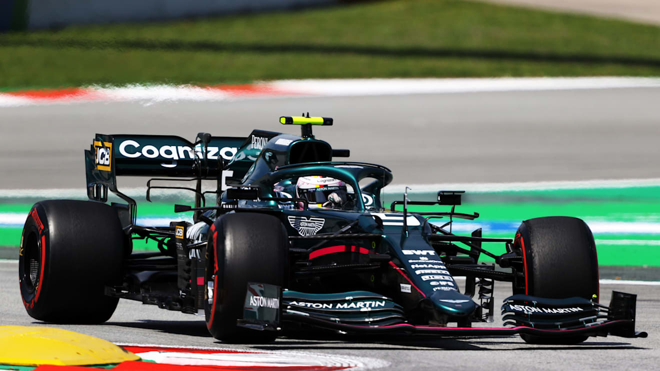 BARCELONA, SPAIN - MAY 07: Sebastian Vettel of Germany driving the (5) Aston Martin AMR21 Mercedes on track during practice for the F1 Grand Prix of Spain at Circuit de Barcelona-Catalunya on May 07, 2021 in Barcelona, Spain. (Photo by Bryn Lennon/Getty Images)