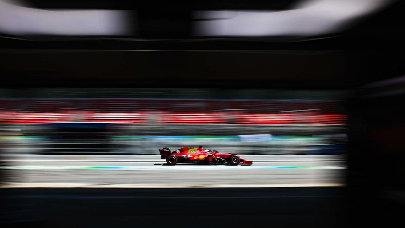 BARCELONA, SPAIN - MAY 08: Charles Leclerc of Monaco driving the (16) Scuderia Ferrari SF21 in the Pitlane during qualifying for the F1 Grand Prix of Spain at Circuit de Barcelona-Catalunya on May 08, 2021 in Barcelona, Spain. (Photo by Mark Thompson/Getty Images)