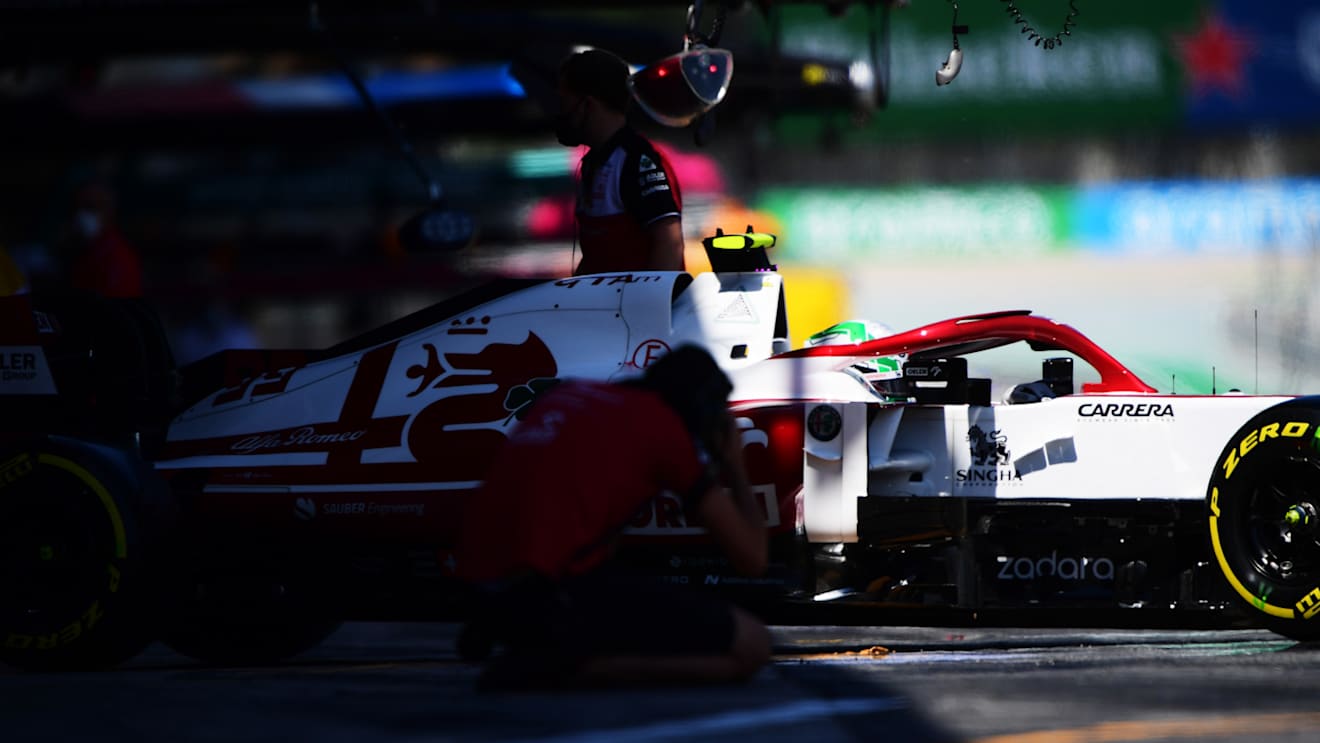 BARCELONA, SPAIN - MAY 08: Antonio Giovinazzi of Italy driving the (99) Alfa Romeo Racing C41 Ferrari in the Pitlane during qualifying for the F1 Grand Prix of Spain at Circuit de Barcelona-Catalunya on May 08, 2021 in Barcelona, Spain. (Photo by Mario Renzi - Formula 1/Formula 1 via Getty Images)