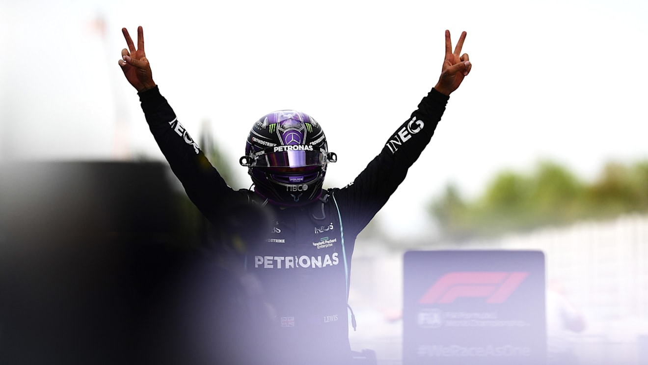 BARCELONA, SPAIN - MAY 09: Race winner Lewis Hamilton of Great Britain and Mercedes GP celebrates in parc ferme during the F1 Grand Prix of Spain at Circuit de Barcelona-Catalunya on May 09, 2021 in Barcelona, Spain. (Photo by Mario Renzi - Formula 1/Formula 1 via Getty Images)