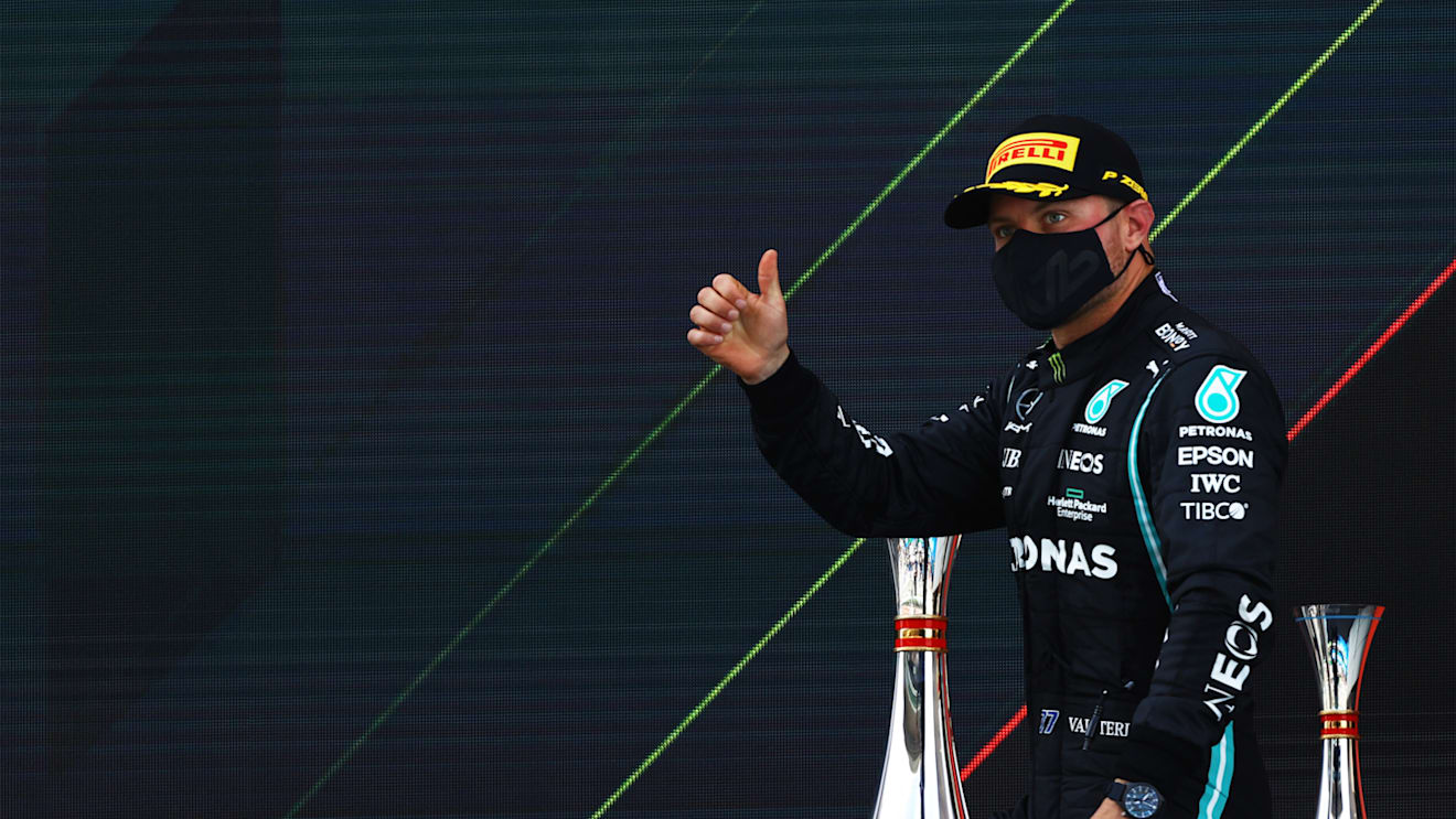 BARCELONA, SPAIN - MAY 09: Third placed Valtteri Bottas of Finland and Mercedes GP celebrates on the podium during the F1 Grand Prix of Spain at Circuit de Barcelona-Catalunya on May 09, 2021 in Barcelona, Spain. (Photo by Bryn Lennon/Getty Images)