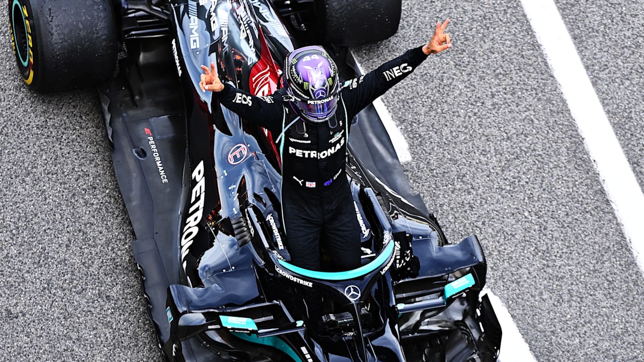 BARCELONA, SPAIN - MAY 09: Race winner Lewis Hamilton of Great Britain and Mercedes GP celebrates in parc ferme during the F1 Grand Prix of Spain at Circuit de Barcelona-Catalunya on May 09, 2021 in Barcelona, Spain. (Photo by Clive Mason - Formula 1/Formula 1 via Getty Images)
