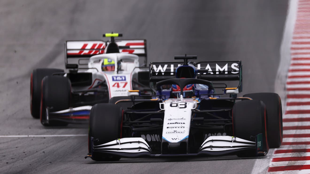 BARCELONA, SPAIN - MAY 09: George Russell of Great Britain driving the (63) Williams Racing FW43B Mercedes leads Mick Schumacher of Germany driving the (47) Haas F1 Team VF-21 Ferrari on track during the F1 Grand Prix of Spain at Circuit de Barcelona-Catalunya on May 09, 2021 in Barcelona, Spain. (Photo by Lars Baron/Getty Images)