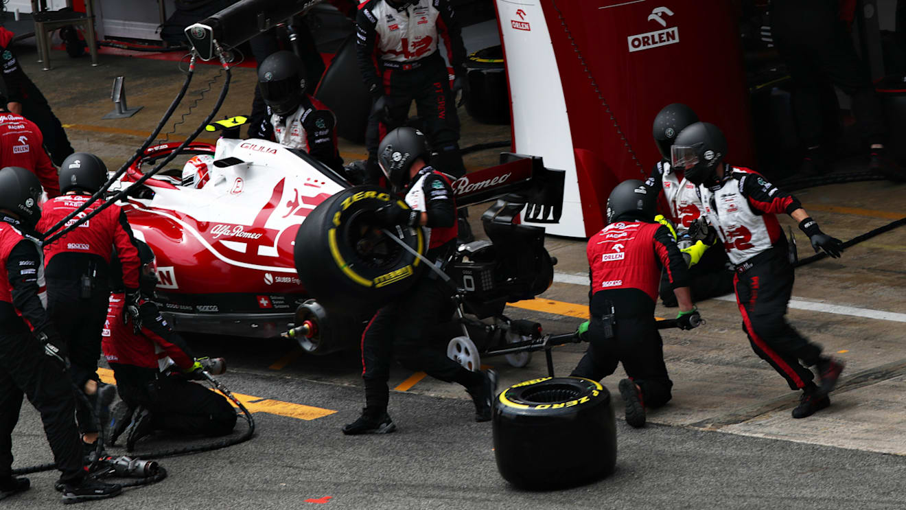 BARCELONA, SPAIN - MAY 09: Antonio Giovinazzi of Italy driving the (99) Alfa Romeo Racing C41 Ferrari makes a pitstop during the F1 Grand Prix of Spain at Circuit de Barcelona-Catalunya on May 09, 2021 in Barcelona, Spain. (Photo by Joe Portlock - Formula 1/Formula 1 via Getty Images)