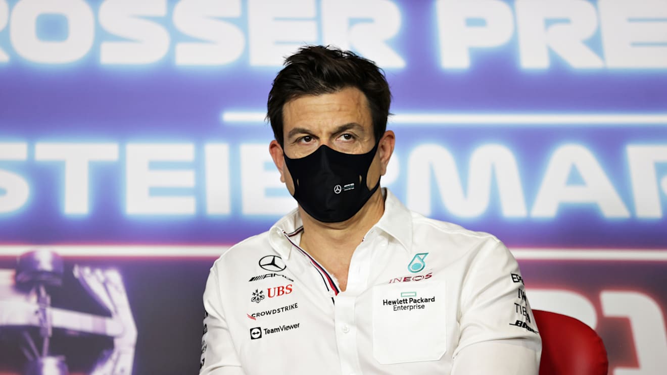 SPIELBERG, AUSTRIA - JUNE 25: Mercedes GP Executive Director Toto Wolff talks in a press conference during practice ahead of the F1 Grand Prix of Styria at Red Bull Ring on June 25, 2021 in Spielberg, Austria. (Photo by Bryn Lennon/Getty Images)