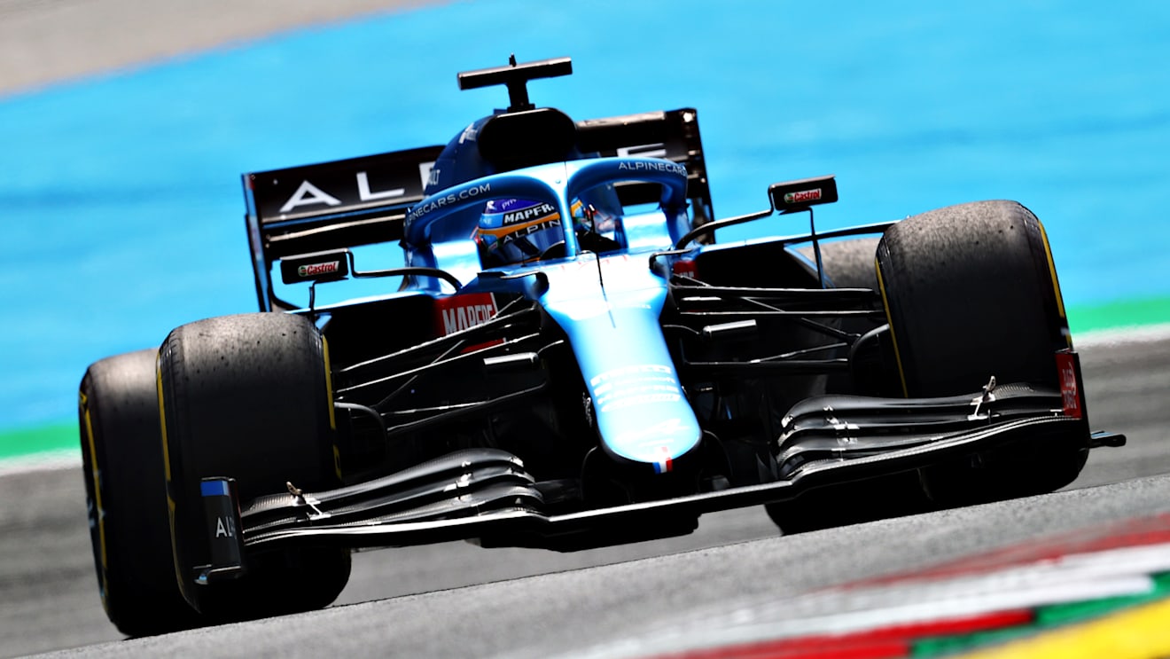 SPIELBERG, AUSTRIA - JUNE 25: Fernando Alonso of Spain driving the (14) Alpine A521 Renault on track during practice ahead of the F1 Grand Prix of Styria at Red Bull Ring on June 25, 2021 in Spielberg, Austria. (Photo by Clive Rose/Getty Images)