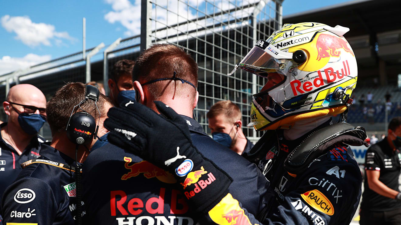 SPIELBERG, AUSTRIA - JUNE 26: Pole position qualifier Max Verstappen of Netherlands and Red Bull Racing celebrates in parc ferme during qualifying ahead of the F1 Grand Prix of Styria at Red Bull Ring on June 26, 2021 in Spielberg, Austria. (Photo by Mark Thompson/Getty Images)