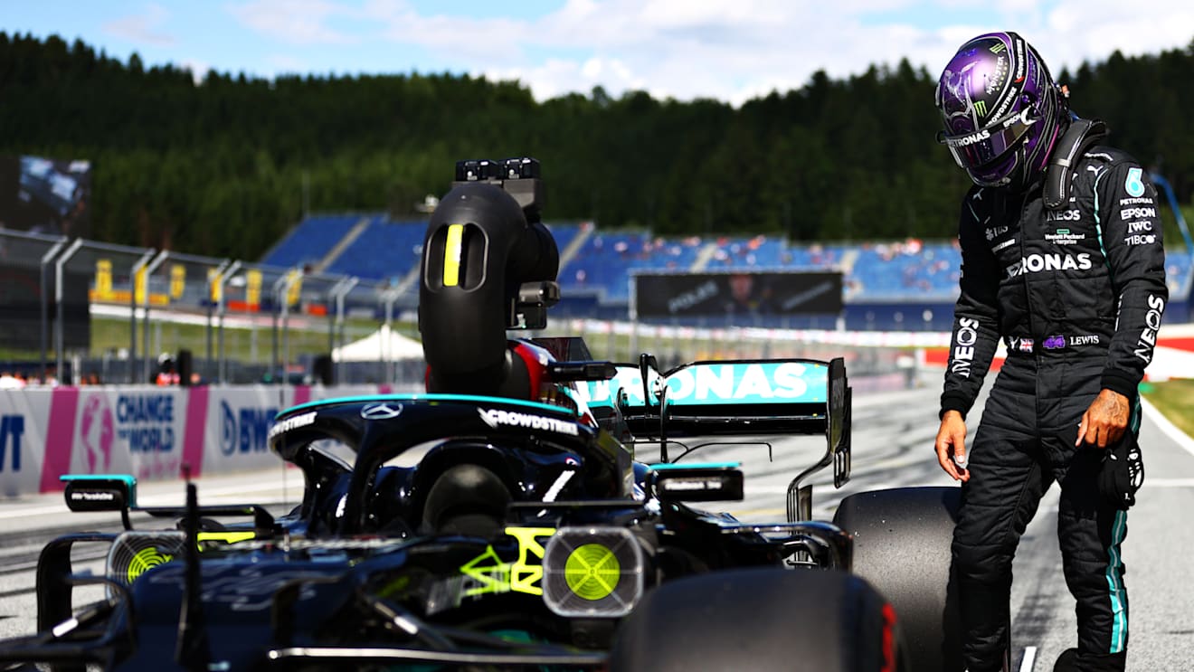 SPIELBERG, AUSTRIA - JUNE 26: Third place qualifier Lewis Hamilton of Great Britain and Mercedes GP inspects his car in parc ferme during qualifying ahead of the F1 Grand Prix of Styria at Red Bull Ring on June 26, 2021 in Spielberg, Austria. (Photo by Dan Istitene - Formula 1/Formula 1 via Getty Images)