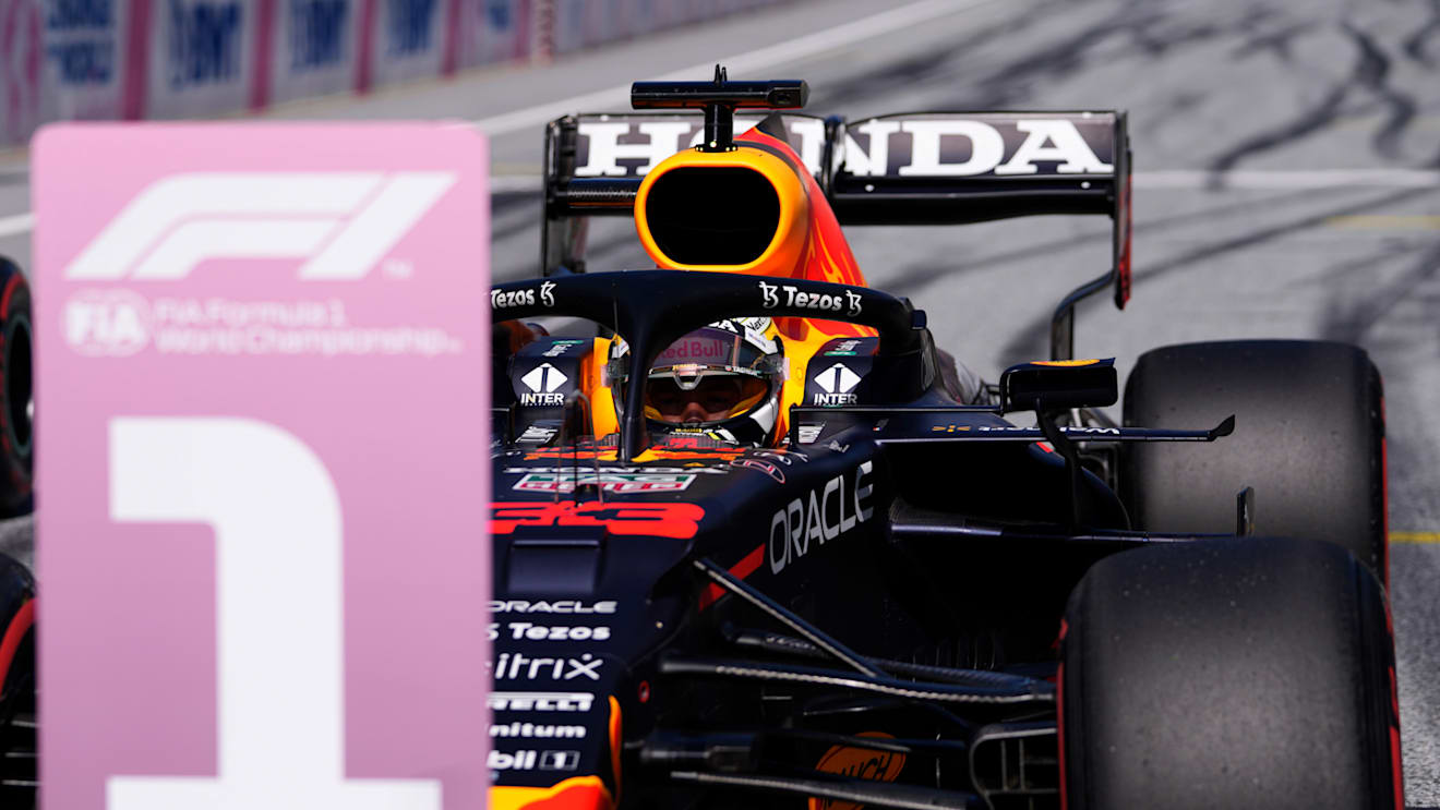 SPIELBERG, AUSTRIA - JUNE 26: Pole position qualifier Max Verstappen of Netherlands and Red Bull Racing stops in parc ferme during qualifying ahead of the F1 Grand Prix of Styria at Red Bull Ring on June 26, 2021 in Spielberg, Austria. (Photo by Darko Vojinovic - Pool/Getty Images)