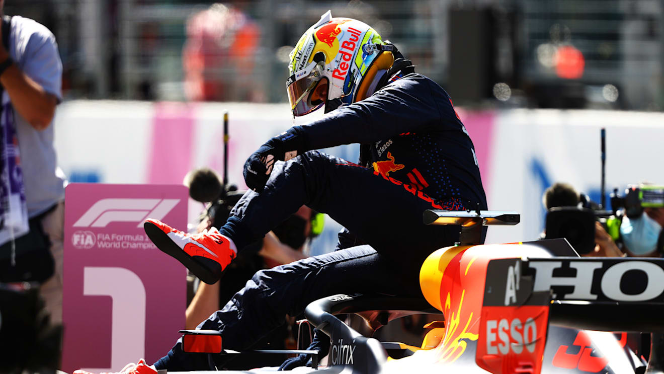 SPIELBERG, AUSTRIA - JUNE 26: Pole position qualifier Max Verstappen of Netherlands and Red Bull Racing celebrates in parc ferme during qualifying ahead of the F1 Grand Prix of Styria at Red Bull Ring on June 26, 2021 in Spielberg, Austria. (Photo by Bryn Lennon/Getty Images)