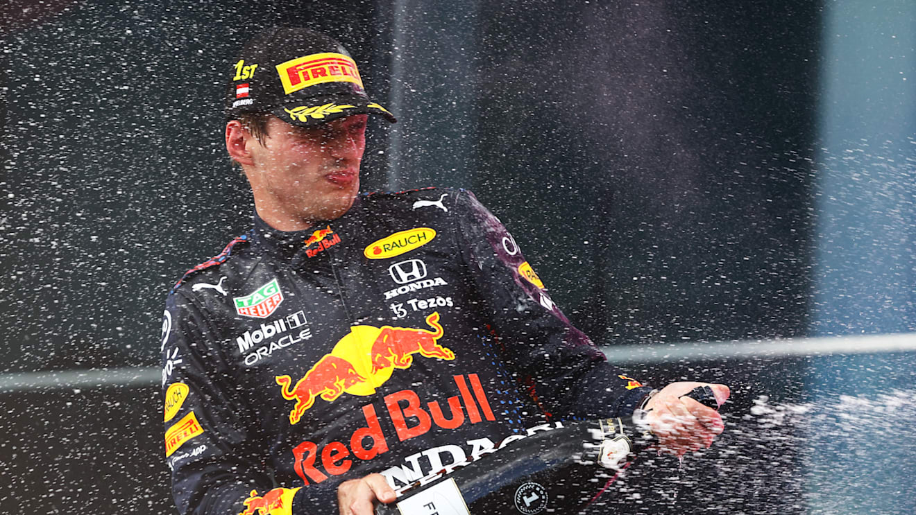 SPIELBERG, AUSTRIA - JUNE 27: Race winner Max Verstappen of Netherlands and Red Bull Racing celebrates on the podium during the F1 Grand Prix of Styria at Red Bull Ring on June 27, 2021 in Spielberg, Austria. (Photo by Bryn Lennon/Getty Images)