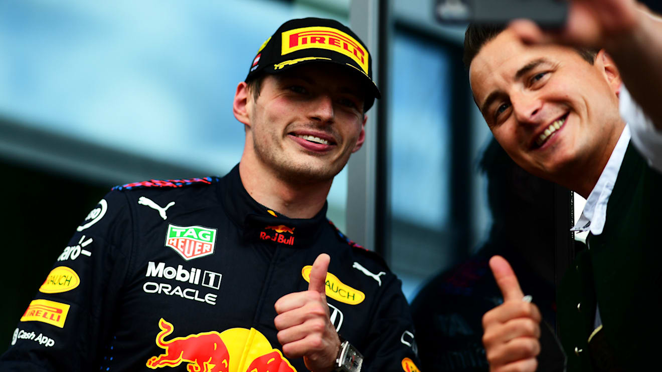 SPIELBERG, AUSTRIA - JUNE 27: Race winner Max Verstappen of Netherlands and Red Bull Racing celebrates on the podium during the F1 Grand Prix of Styria at Red Bull Ring on June 27, 2021 in Spielberg, Austria. (Photo by Mario Renzi - Formula 1/Formula 1 via Getty Images)