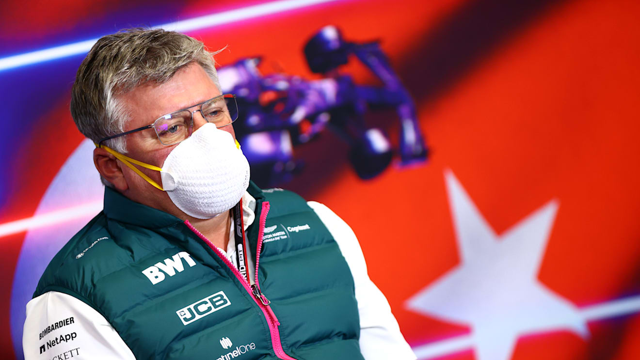 ISTANBUL, TURKEY - OCTOBER 08: Otmar Szafnauer, Team Principal and Chief Executive Officer of Aston Martin F1 Team talks in the Team Principals Press Conference during practice ahead of the F1 Grand Prix of Turkey at Intercity Istanbul Park on October 08, 2021 in Istanbul, Turkey. (Photo by Dan Istitene/Getty Images)