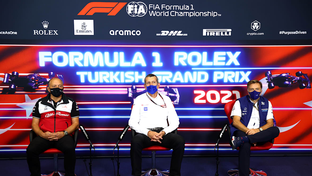 ISTANBUL, TURKEY - OCTOBER 08: Alfa Romeo Racing Team Principal Frederic Vasseur, Haas F1 Team Principal Guenther Steiner and Jost Capito, CEO of Williams F1 talk in the Team Principals Press Conference during practice ahead of the F1 Grand Prix of Turkey at Intercity Istanbul Park on October 08, 2021 in Istanbul, Turkey. (Photo by Dan Istitene/Getty Images)