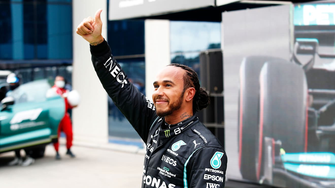ISTANBUL, TURKEY - OCTOBER 09: Pole position qualifier Lewis Hamilton of Great Britain and Mercedes GP celebrates in parc ferme during qualifying ahead of the F1 Grand Prix of Turkey at Intercity Istanbul Park on October 09, 2021 in Istanbul, Turkey. (Photo by Umit Bektas - Pool/Getty Images)