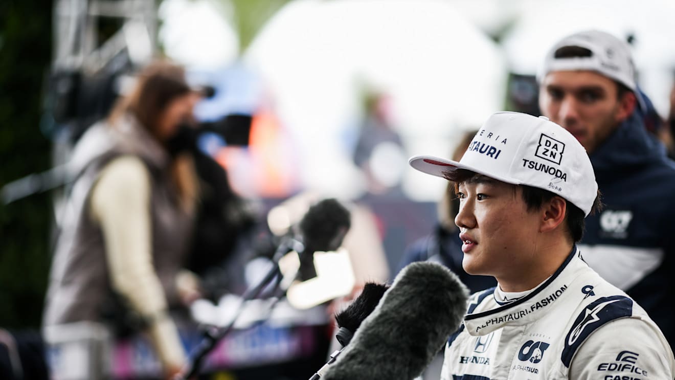 ISTANBUL, TURKEY - OCTOBER 09: Yuki Tsunoda of Scuderia AlphaTauri and Japan talking to the media  during qualifying ahead of the F1 Grand Prix of Turkey at Intercity Istanbul Park on October 09, 2021 in Istanbul, Turkey. (Photo by Peter Fox/Getty Images)
