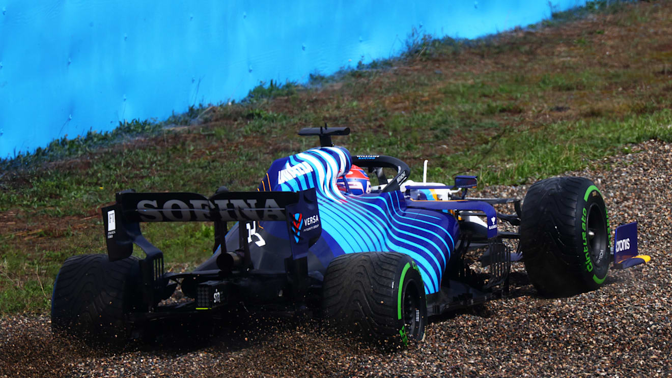 ISTANBUL, TURKEY - OCTOBER 09: George Russell of Great Britain driving the (63) Williams Racing FW43B Mercedes gets stuck in the gravel leading to a red flag during final practice ahead of the F1 Grand Prix of Turkey at Intercity Istanbul Park on October 09, 2021 in Istanbul, Turkey. (Photo by Dan Istitene - Formula 1/Formula 1 via Getty Images)