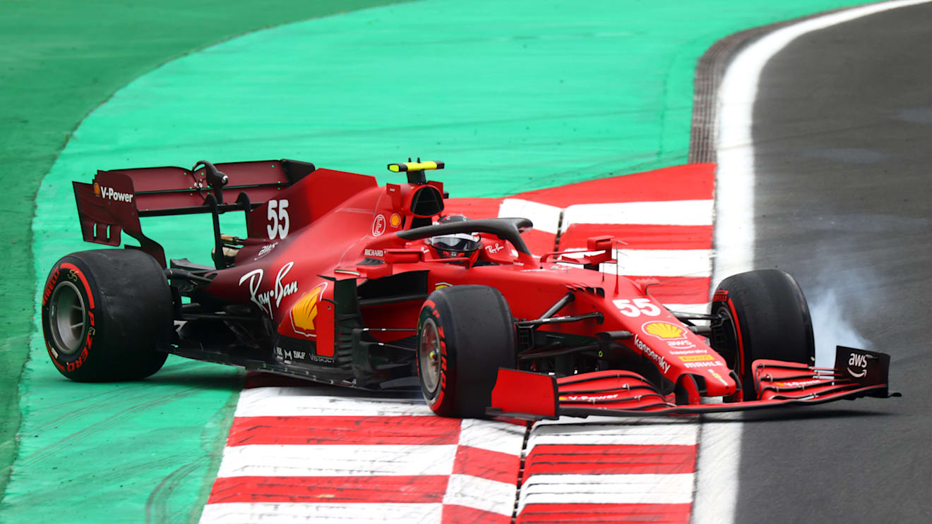 ISTANBUL, TURKEY - OCTOBER 09: Carlos Sainz of Spain driving the (55) Scuderia Ferrari SF21 spins during qualifying ahead of the F1 Grand Prix of Turkey at Intercity Istanbul Park on October 09, 2021 in Istanbul, Turkey. (Photo by Dan Istitene - Formula 1/Formula 1 via Getty Images)