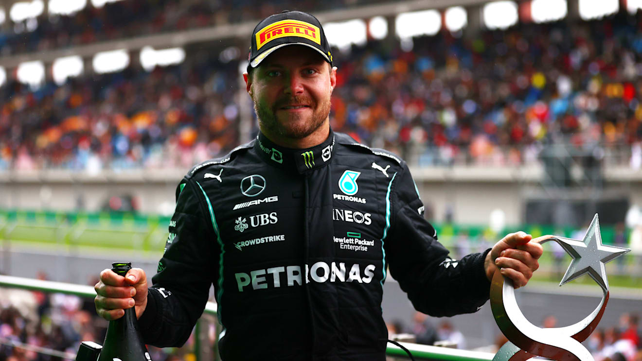 ISTANBUL, TURKEY - OCTOBER 10: Race winner Valtteri Bottas of Finland and Mercedes GP celebrates on the podium during the F1 Grand Prix of Turkey at Intercity Istanbul Park on October 10, 2021 in Istanbul, Turkey. (Photo by Dan Istitene - Formula 1/Formula 1 via Getty Images)