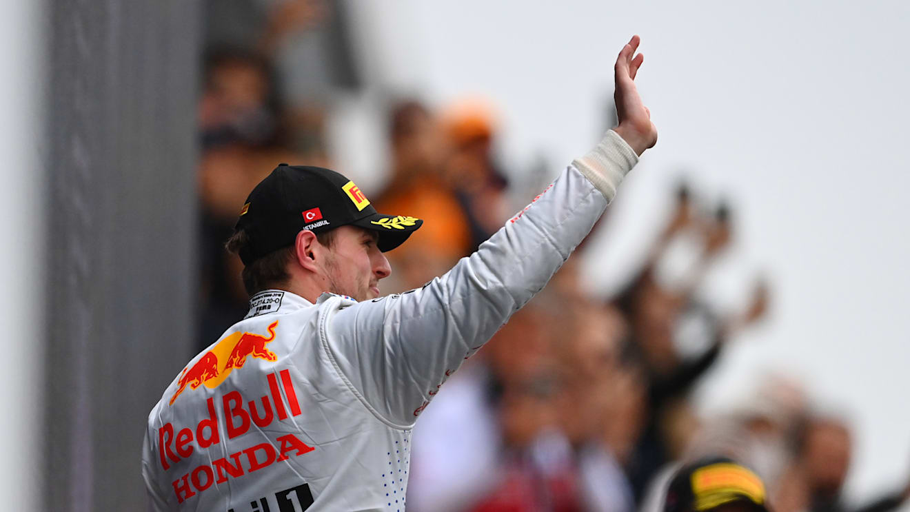 ISTANBUL, TURKEY - OCTOBER 10: Second placed Max Verstappen of Netherlands and Red Bull Racing celebrates on the podium during the F1 Grand Prix of Turkey at Intercity Istanbul Park on October 10, 2021 in Istanbul, Turkey. (Photo by Dan Mullan/Getty Images)