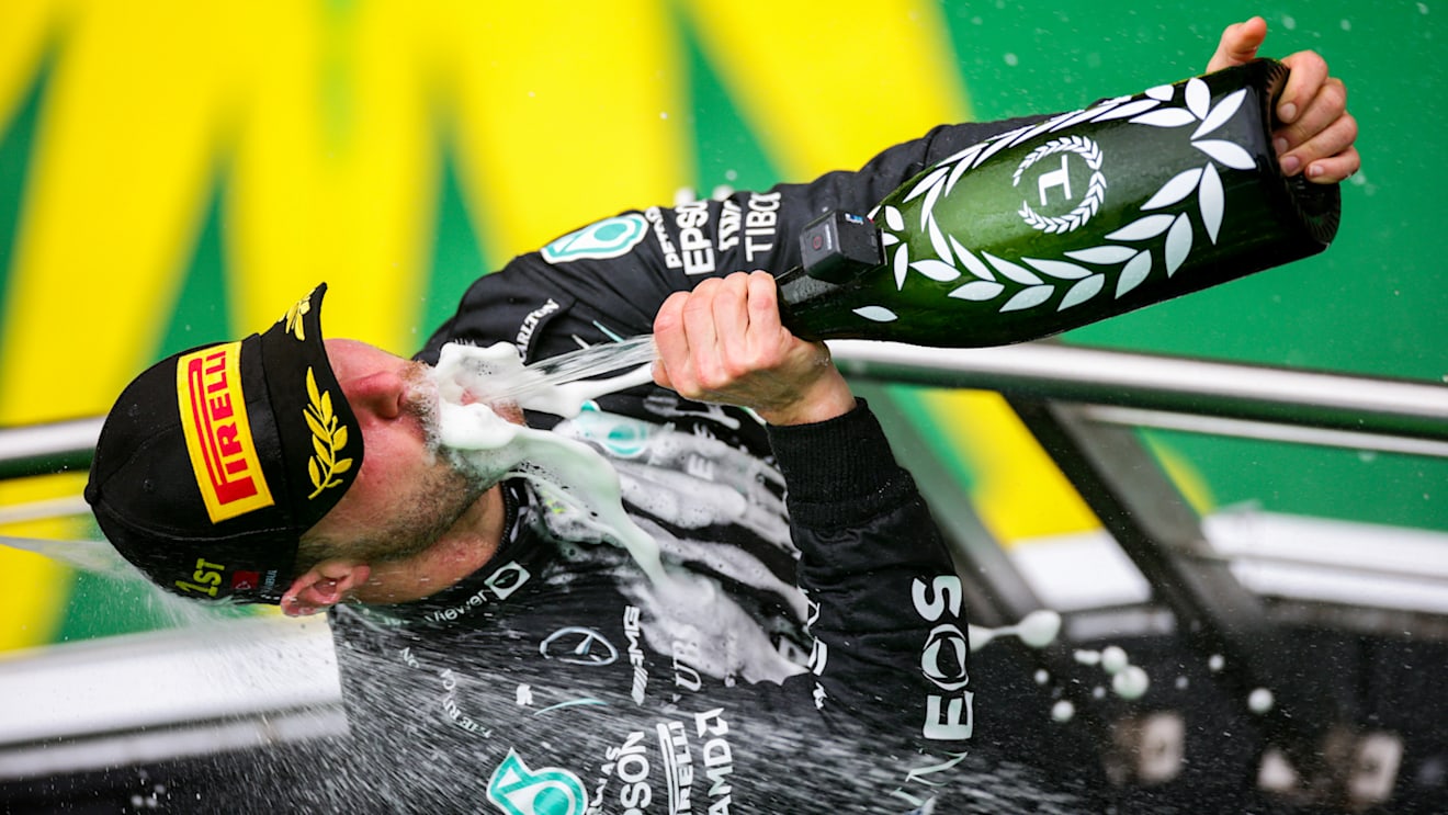 ISTANBUL, TURKEY - OCTOBER 10: Valterri Bottas of Mercedes and Finland celebrates winning during the F1 Grand Prix of Turkey at Intercity Istanbul Park on October 10, 2021 in Istanbul, Turkey. (Photo by Peter Fox/Getty Images)