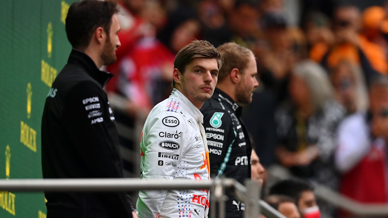 ISTANBUL, TURKEY - OCTOBER 10: Second placed Max Verstappen of Netherlands and Red Bull Racing looks on from the podium during the F1 Grand Prix of Turkey at Intercity Istanbul Park on October 10, 2021 in Istanbul, Turkey. (Photo by Dan Mullan/Getty Images)