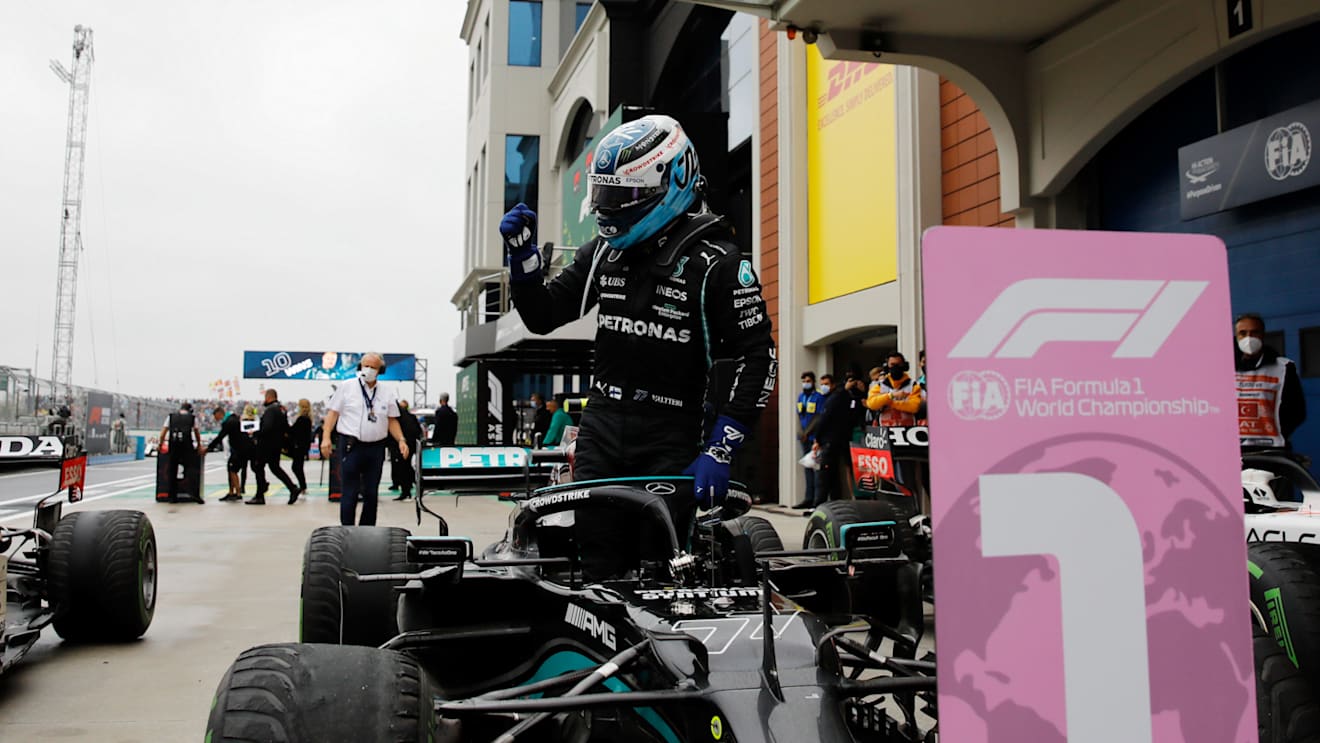 ISTANBUL, TURKEY - OCTOBER 10: Race winner Valtteri Bottas of Finland and Mercedes GP celebrates in parc ferme during the F1 Grand Prix of Turkey at Intercity Istanbul Park on October 10, 2021 in Istanbul, Turkey. (Photo by Umit Bektas - Pool/Getty Images)