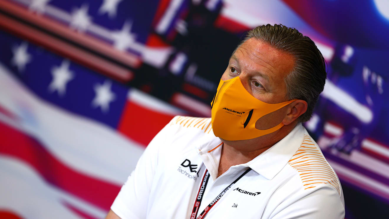 AUSTIN, TEXAS - OCTOBER 22: McLaren Chief Executive Officer Zak Brown talks in the Team Principals Press Conference during practice ahead of the F1 Grand Prix of USA at Circuit of The Americas on October 22, 2021 in Austin, Texas. (Photo by Dan Istitene/Getty Images)
