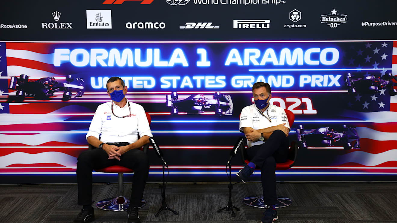 AUSTIN, TEXAS - OCTOBER 22: Haas F1 Team Principal Guenther Steiner and Jost Capito, CEO of Williams F1 talk in the Team Principals Press Conference during practice ahead of the F1 Grand Prix of USA at Circuit of The Americas on October 22, 2021 in Austin, Texas. (Photo by Dan Istitene/Getty Images)